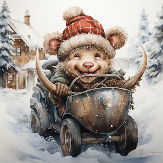 pintura de un oso conduciendo un automóvil con un árbol de navidad en la parte trasera ai generativo
