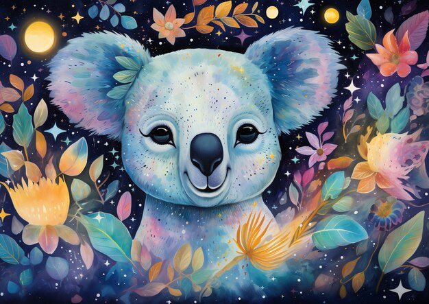 Foto pintura de un oso koala rodeado de flores y hojas generativa ai