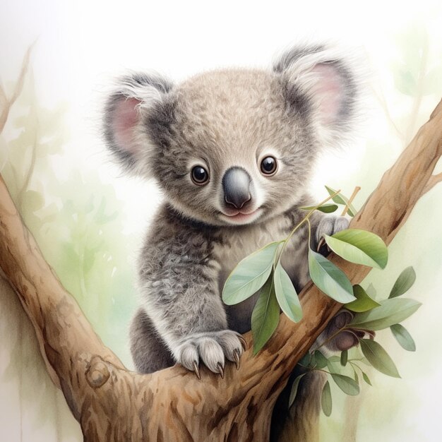 pintura de un oso koala sentado en una rama con hojas generativas ai