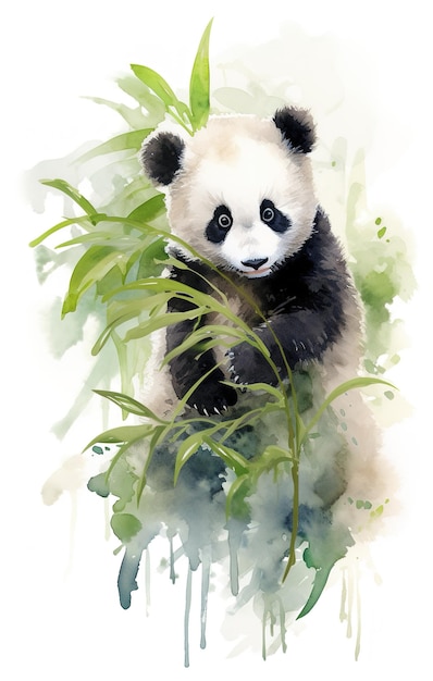 una pintura de un oso panda en un bosque de bambú