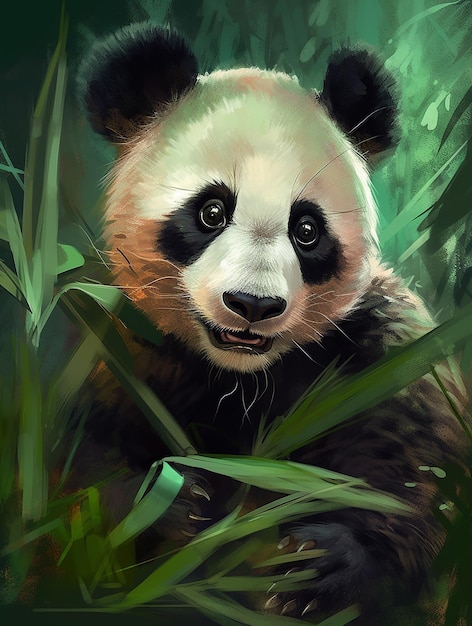 Una pintura de un oso panda con ojos negros y una hoja verde.