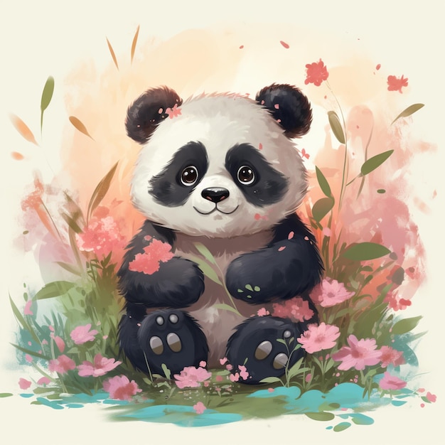 pintura de un oso panda sentado en la hierba con flores generativo ai