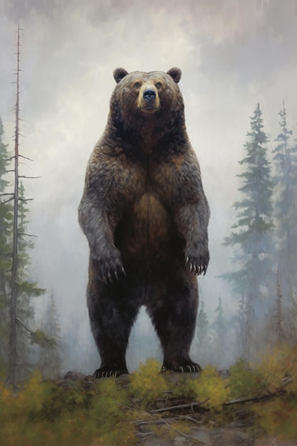 Pintura de un oso parado sobre sus patas traseras en un bosque generativo ai