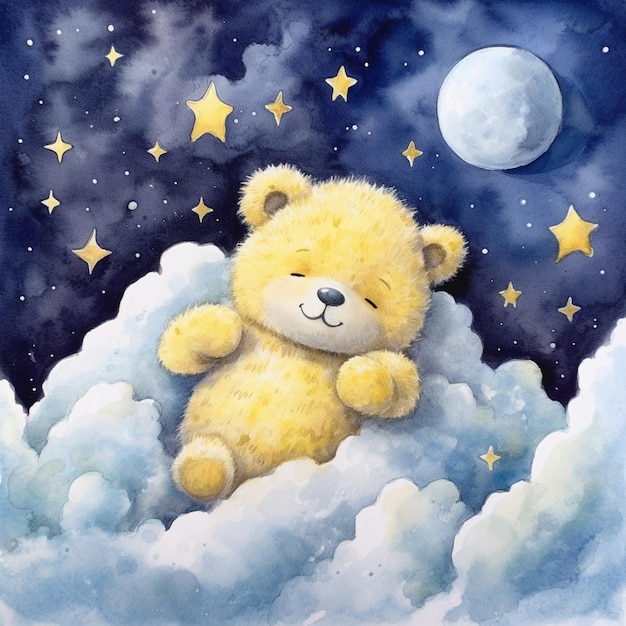 Pintura de un oso de peluche sentado en una nube con una luna llena en el fondo