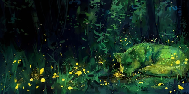 una pintura de un oso y el pez en la hierba