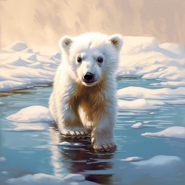pintura de un oso polar caminando a través de un lago congelado generativo ai