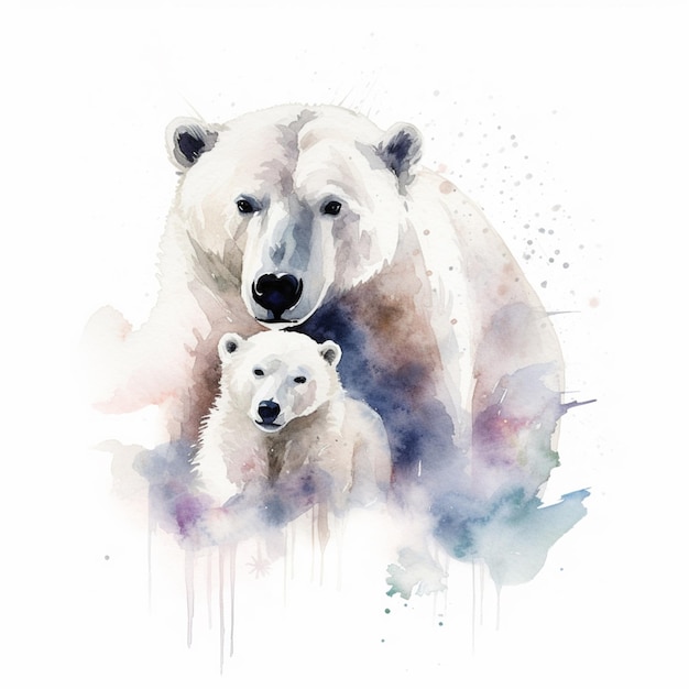 Una pintura de un oso polar y su cachorro.