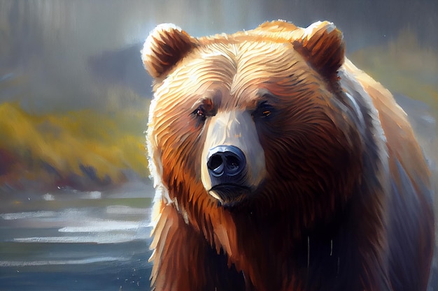 Una pintura de un oso que está en el agua.