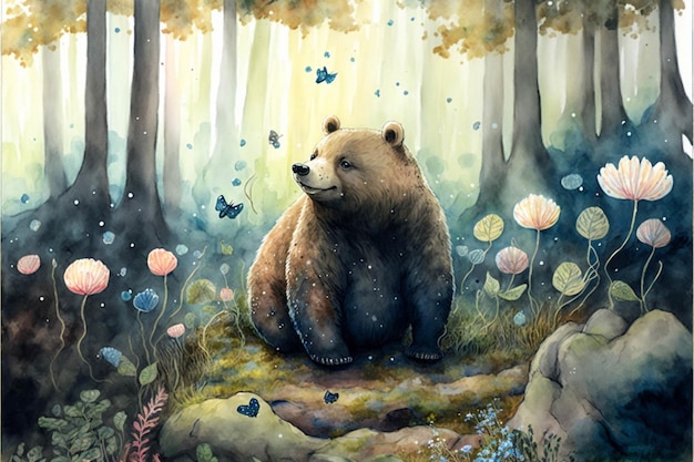 Pintura de un oso sentado en el bosque generativo ai.