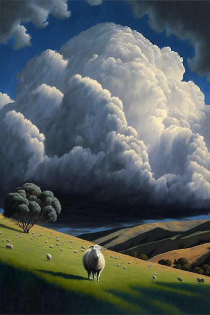 Pintura de una oveja en un campo bajo un cielo nublado ai generativo