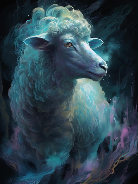 Una pintura de una oveja con la cara azul y la palabra dios en ella.