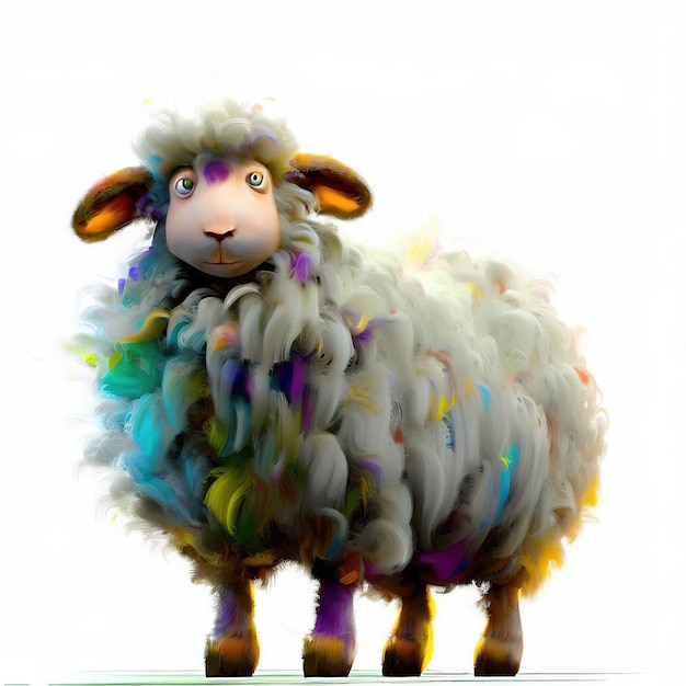 Una pintura de una oveja con la cara blanca y el pelo largo y rizado.