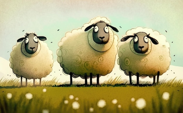 Foto una pintura de ovejas en un campo con un fondo verde. estilo de dibujos animados de acuarela ai generado