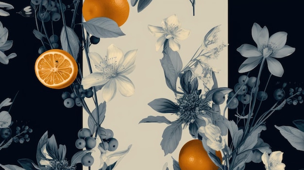 Pintura padrão com fundo de flores preto e branco e fatias de limão laranja