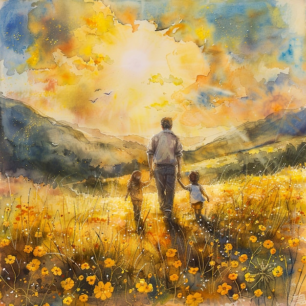 una pintura de un padre e hijos en un campo con una puesta de sol en el fondo
