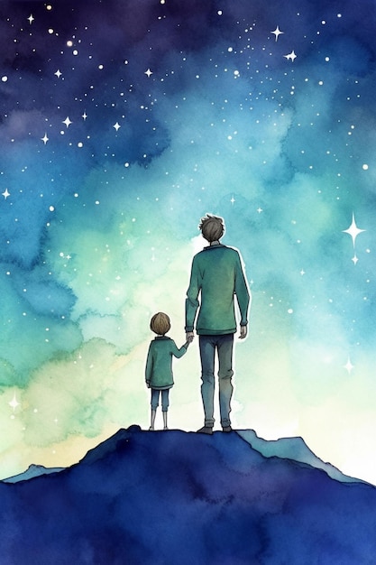 Una pintura de un padre y un hijo mirando las estrellas.