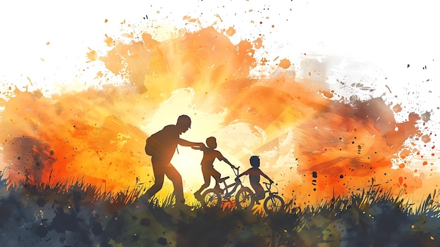Foto una pintura de un padre y un hijo con sus bicicletas en el césped