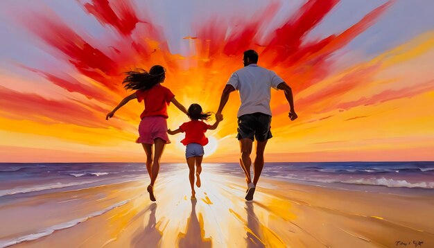 Una pintura de un padre y su hija corriendo por la playa al atardecer