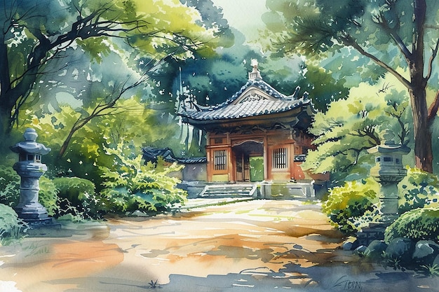 una pintura de una pagoda con un árbol en el fondo