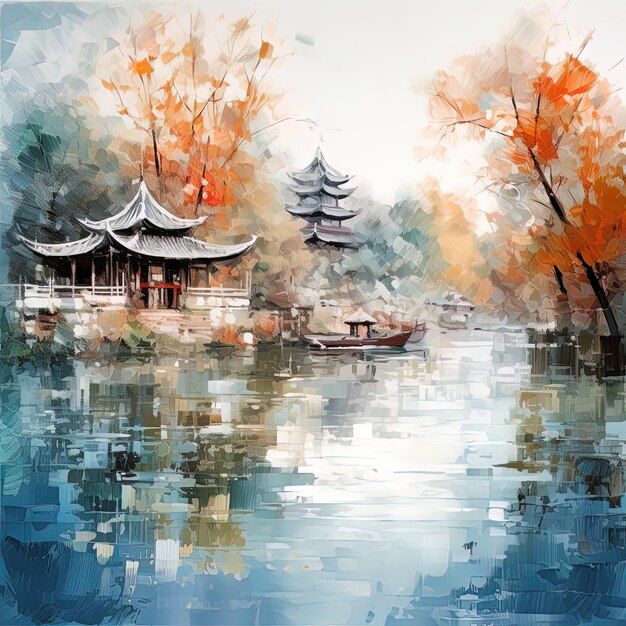 una pintura de una pagoda con un barco en el agua