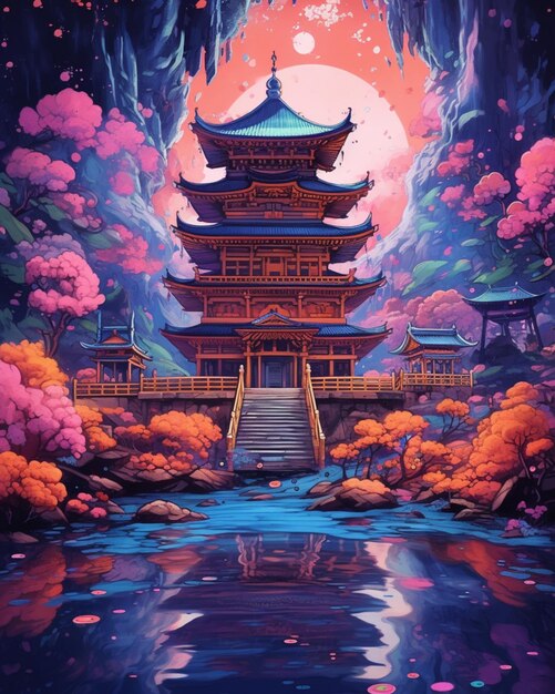 Foto una pintura de una pagoda en un bosque con una luna llena ai generativa