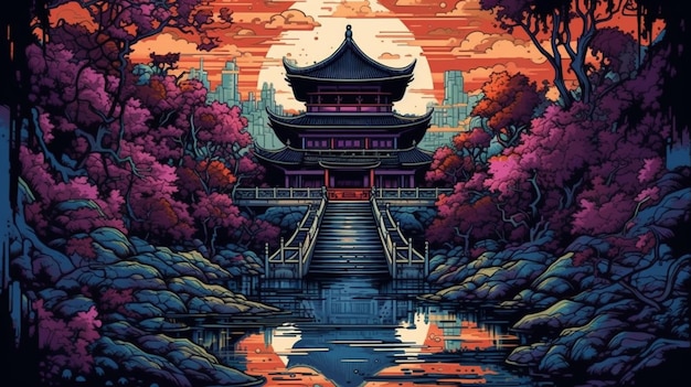 Foto una pintura de una pagoda en un bosque con un río generativo ai