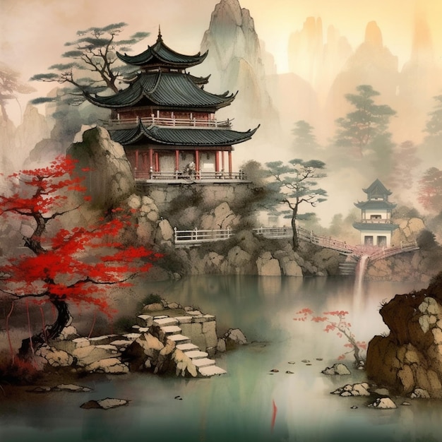 Pintura de una pagoda y una cascada en un paisaje de montaña ai generativo