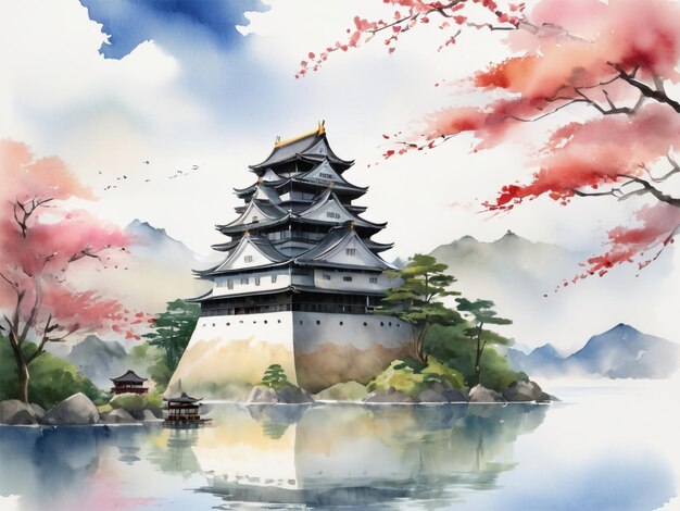 una pintura de una pagoda con un cielo nublado y un lago