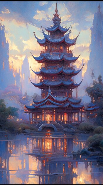 pintura de una pagoda en una ciudad con un lago y un puente generativo ai