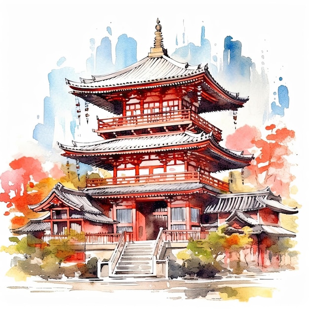 Una pintura de una pagoda en Japón
