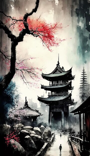 Una pintura de una pagoda japonesa con un árbol al fondo.