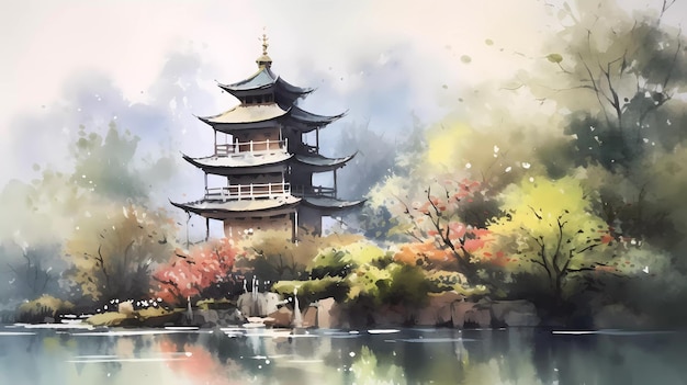 Una pintura de una pagoda japonesa en un estanque