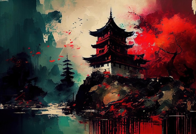 Una pintura de una pagoda japonesa con un fondo rojo y negro