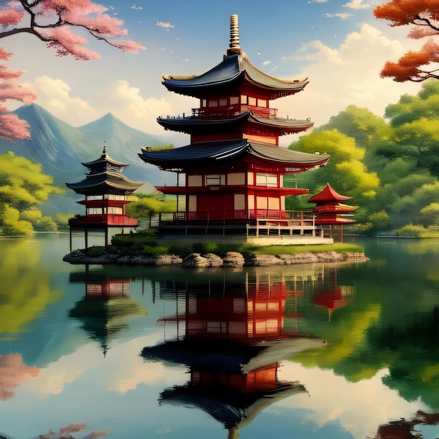 Una pintura de una pagoda japonesa en un lago con montañas al fondo.