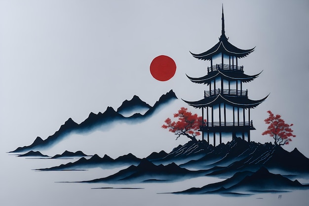 Una pintura de una pagoda japonesa con montañas al fondo.