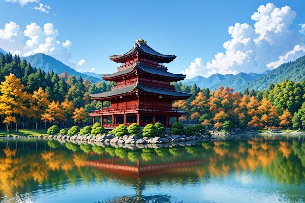 Una pintura de una pagoda junto al lago.