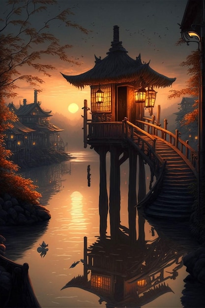 Pintura de una pagoda junto a un cuerpo de agua generativa ai