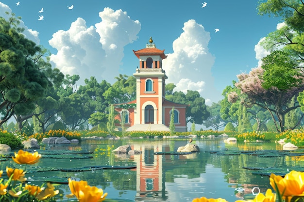 una pintura de una pagoda con un lago y una torre con un reflejo en el agua