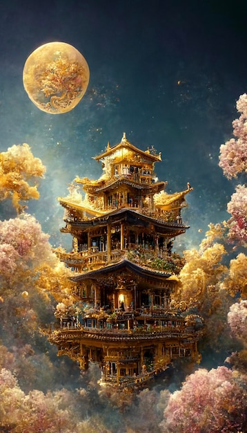 Pintura de una pagoda con luna llena de fondo ai generativo