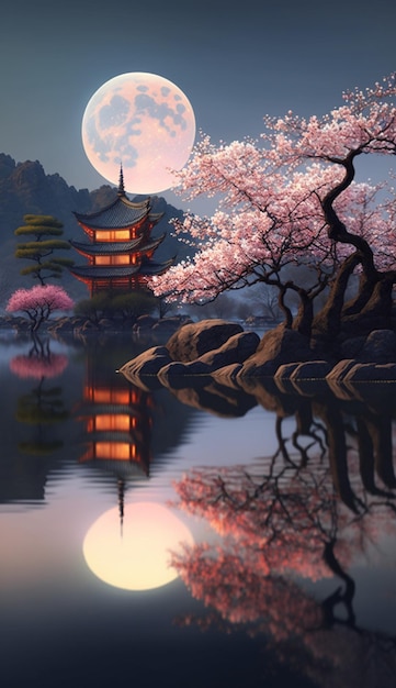 Pintura de una pagoda con luna llena de fondo ai generativo