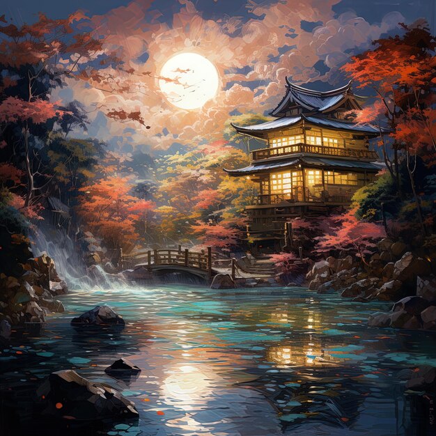 una pintura de una pagoda con una luna llena en el fondo