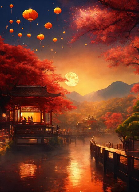 una pintura de una pagoda con una luna llena en el fondo