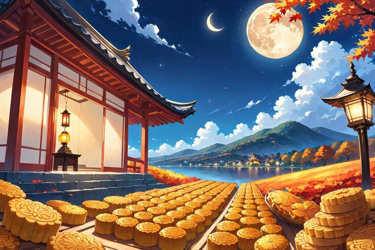 una pintura de una pagoda con una luna llena y una luna en el cielo