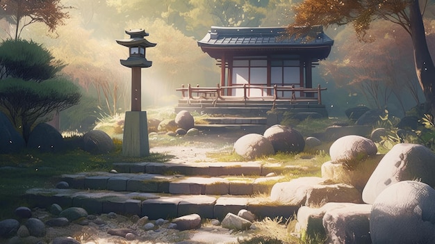 Una pintura de una pagoda en medio de un bosque imagen generativa de IA