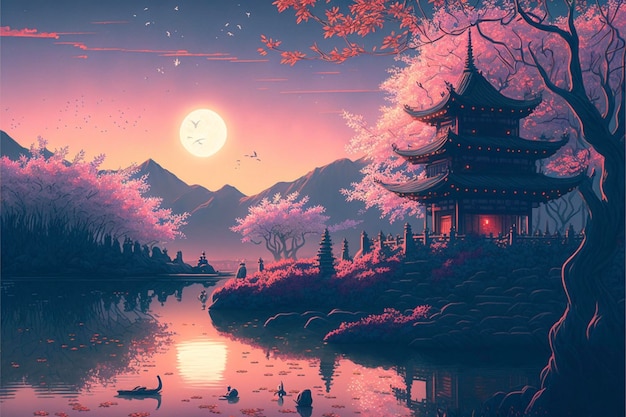 Pintura de una pagoda en medio de un lago generativo ai