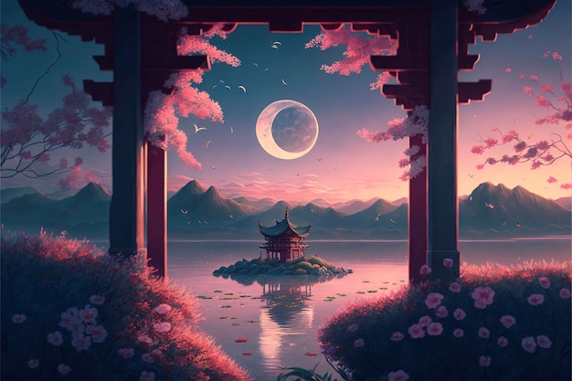 Foto pintura de una pagoda en medio de un lago generativo ai