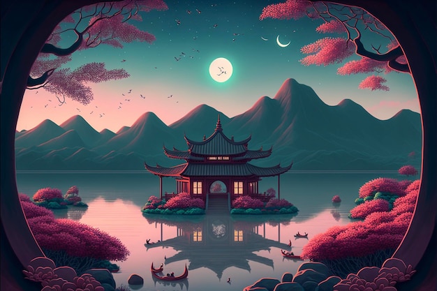 Pintura de una pagoda en medio de un lago generativo ai