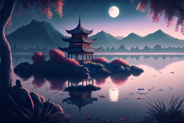 Pintura de una pagoda en medio de un lago generativo ai