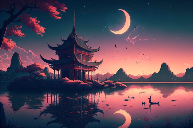 Pintura de una pagoda en medio de un lago generativo ai