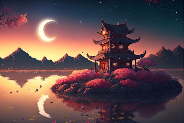 Pintura de una pagoda en medio de un lago generativo ai
